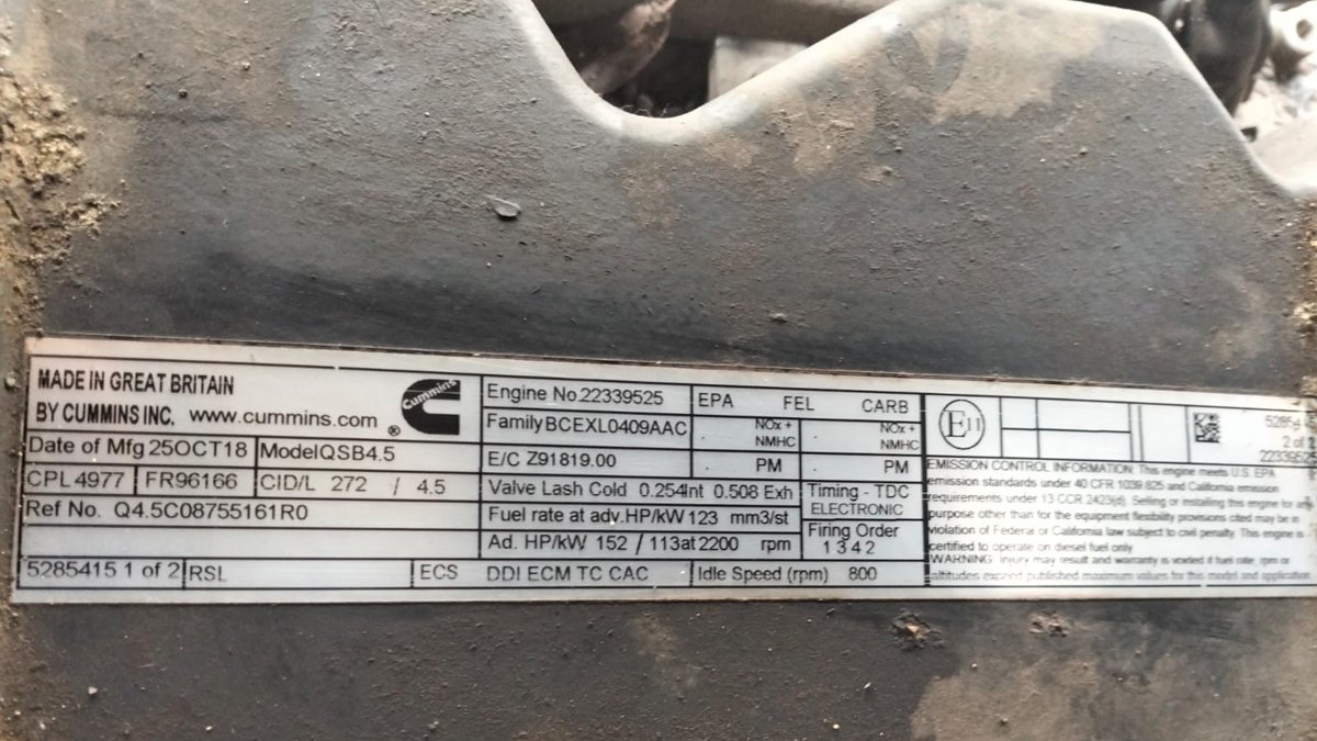 Genuine Cummins QSB4.5 engine nameplate showing Engine Serial Number 22339525 and CPL 4977 for ECM CM2850 programming reference.