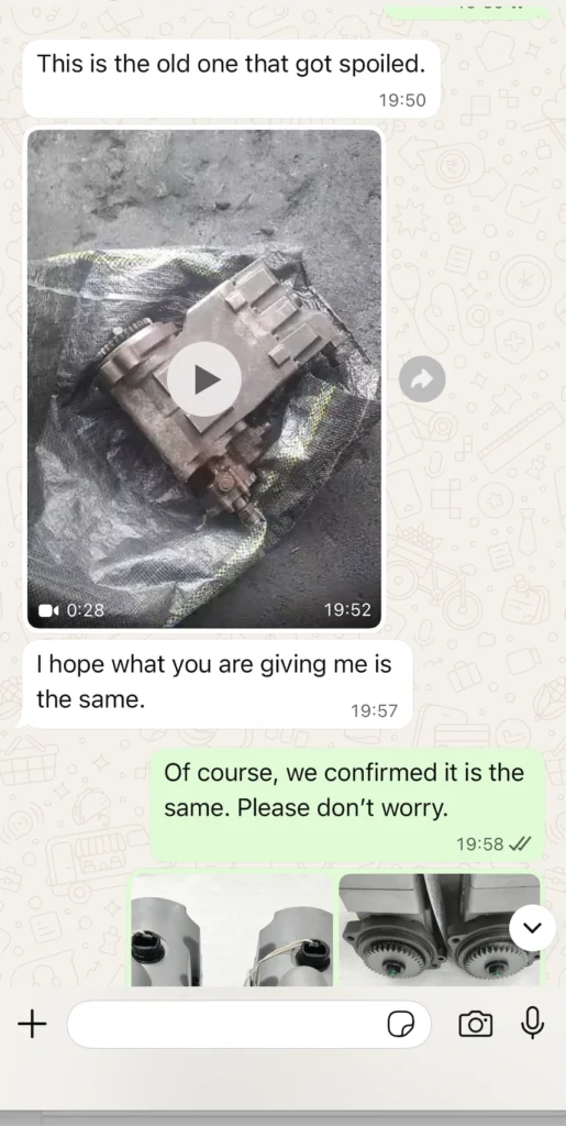 Customer confirming spoiled CAT D6N pump 319-0677 via WhatsApp