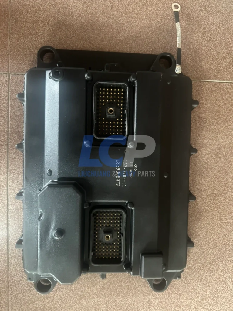 Caterpillar 157-3705-01 engine control module connector face showing dual gold-pin connectors, ULUMNR manufacture, serial 18390089KA, black housing