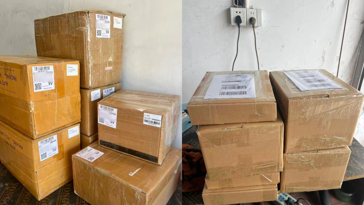 Boxed and labelled orders ready for collection by the courier